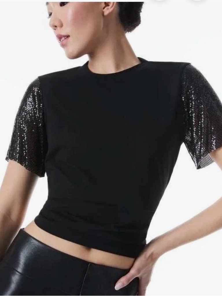 Alice + Olivia Tari Chainmail Sleeve Tee Black Sz M/L